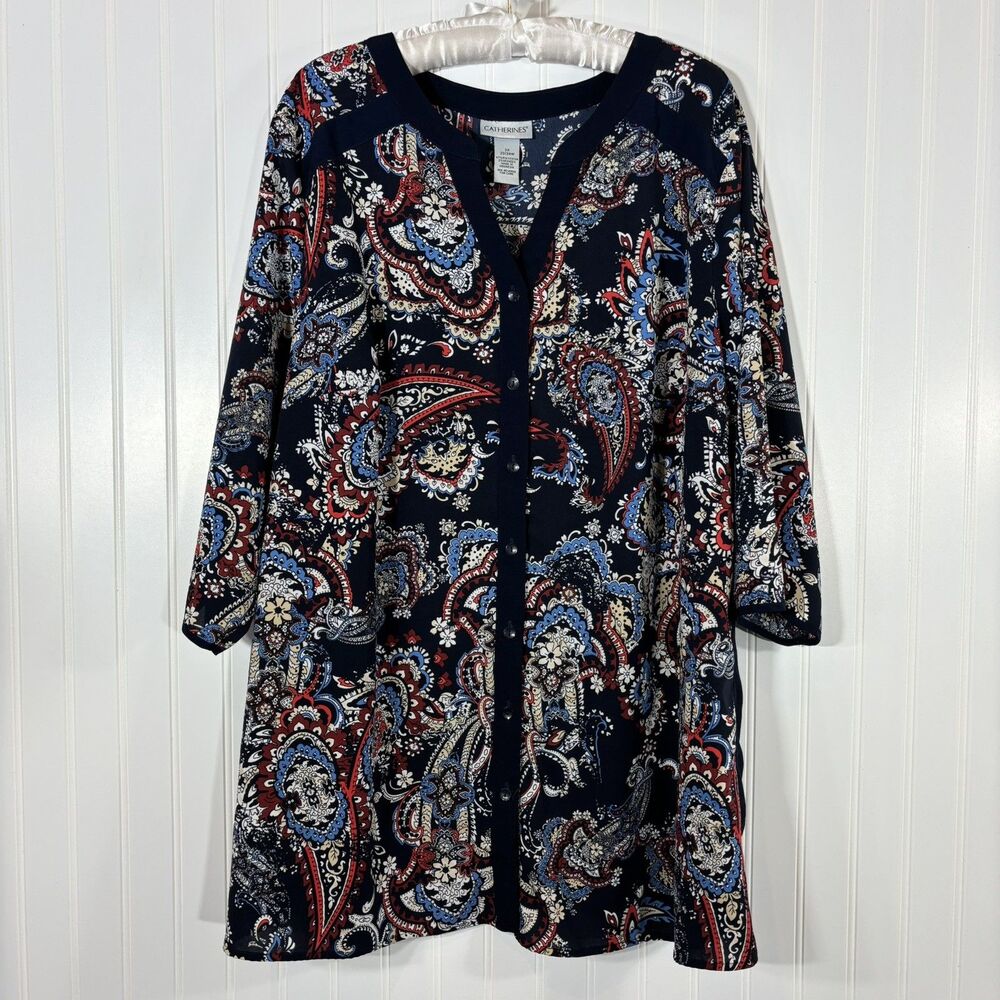 Catherines Blouse Womens 2X Paisley 3/4 Sleeve V-Neck Button Up Tunic Flowy Navy
